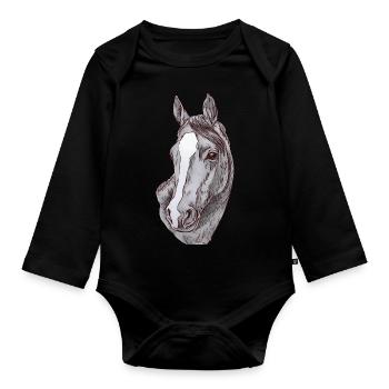 Pferd Pferdemotiv Tiermotiv Tiergesicht Tier Damen - Baby Bio-Langarm-Body - Schwarz - Vorne
