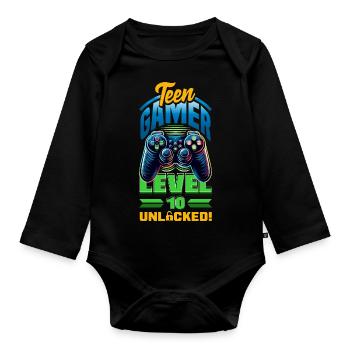 Funny Gamer 10th Birthday Boy Teen Gamer Level 10 - Organic Longsleeve Baby Bodysuit - black - Front