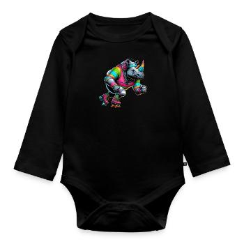 Farbenfrohe Illustration eines Nashorns - Baby Bio-Langarm-Body - Schwarz - Vorne