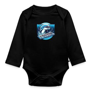 A 80s dolphin with a synthesizer underwater. - Organic Longsleeve Baby Bodysuit - black - Front