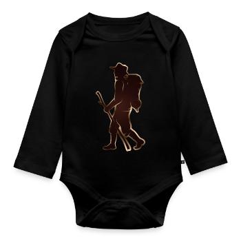 Pilgrim or hiker with walking stick & backpack - Organic Longsleeve Baby Bodysuit - black - Front