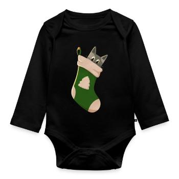 Gray cat in green boot - Organic Longsleeve Baby Bodysuit - black - Front
