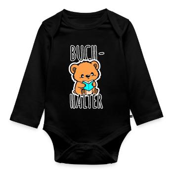 The cute little bear is a book holder! - Organic Longsleeve Baby Bodysuit - black - Front
