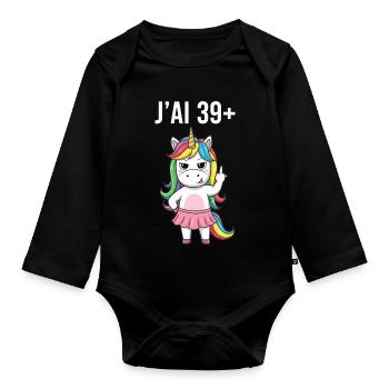 J'Ai 39 Plus 1 Licorne Humour Anniversaire Femme  - Body Bébé bio manches longues - noir - Devant