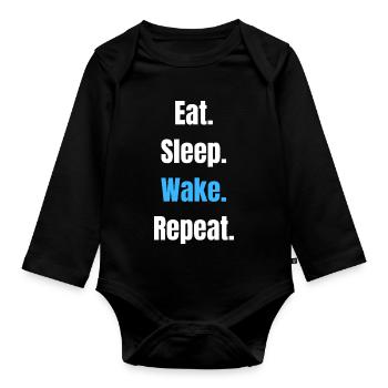 Eat Sleep Wake Repeat – Bold Typographic Motto - Baby Bio-Langarm-Body - Schwarz - Vorne