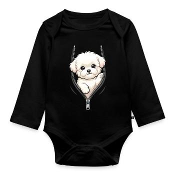 Bichon Fris schaut durch Reissverschluss - Baby Bio-Langarm-Body - Schwarz - Vorne