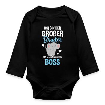 Großer Bruder Ich Bin Der Boss - Elefant - Baby Bio-Langarm-Body - Schwarz - Vorne