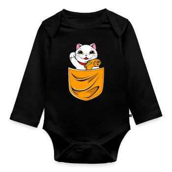 Maneki Neko Japan Glücksbringer - Baby Bio-Langarm-Body - Schwarz - Vorne