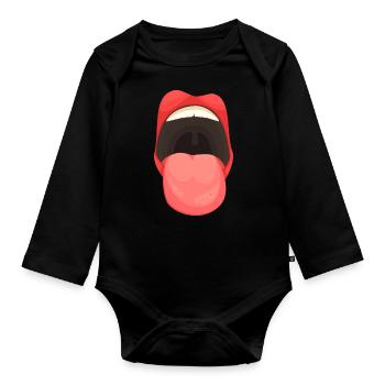 Mouth yawning with tongue - Organic Longsleeve Baby Bodysuit - black - Front