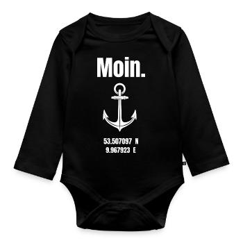 Moin. Koordinaten Hamburger Hafen - Baby Bio-Langarm-Body - Schwarz - Vorne