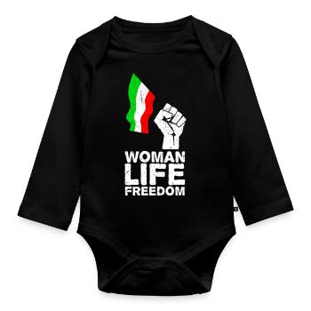 Woman, Life, Freedom | Free Iran! | With flag - Organic Longsleeve Baby Bodysuit - black - Front