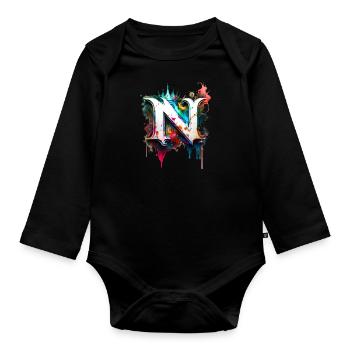 Graffiti Buchstabe N mit 👑 - Baby Bio-Langarm-Body - Schwarz - Vorne