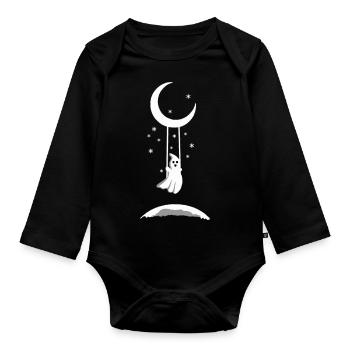 Cute ghost on moon swing in starry night - Organic Longsleeve Baby Bodysuit - black - Front