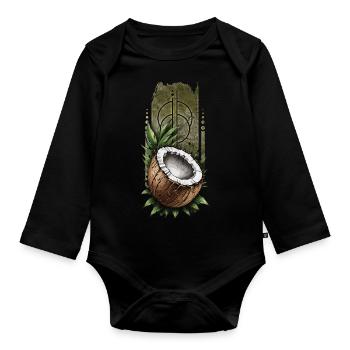 Tropical Bounty: Coconut on Verdant Leaves - Organic Longsleeve Baby Bodysuit - black - Front
