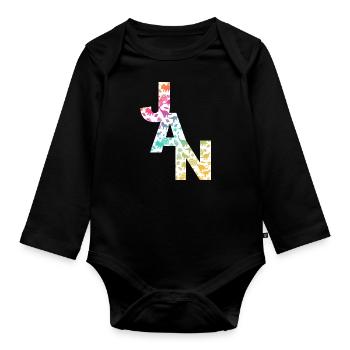 JAN - Beautiful boy name with dinosaur - Organic Longsleeve Baby Bodysuit - black - Front
