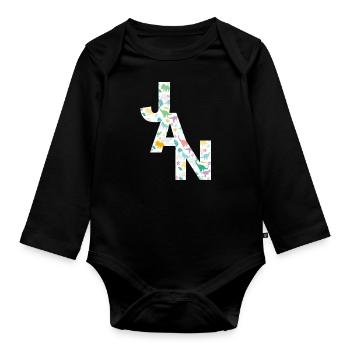JAN - Beautiful boy name with dinosaur - Organic Longsleeve Baby Bodysuit - black - Front