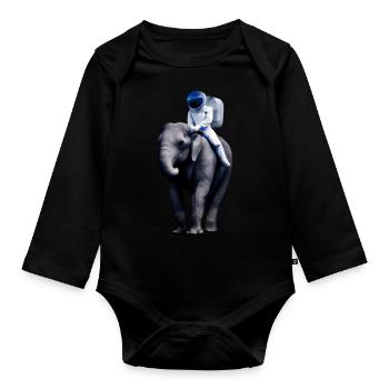 Astronaut on elephant adventure - Organic Longsleeve Baby Bodysuit - black - Front