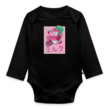 Erbeeren Getränk Japanisch Kawaii Milkshake - Baby Bio-Langarm-Body - Schwarz - Vorne