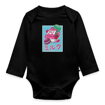 Erbeeren Getränk Japanisch Kawaii Milkshake - Baby Bio-Langarm-Body - Schwarz - Vorne