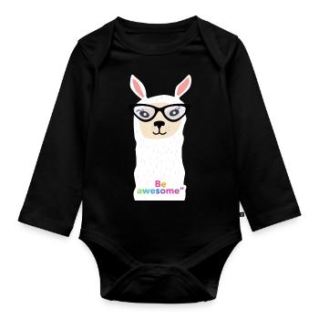 Lama with glasses with the phrase "be awesome" - Organic Longsleeve Baby Bodysuit - black - Front