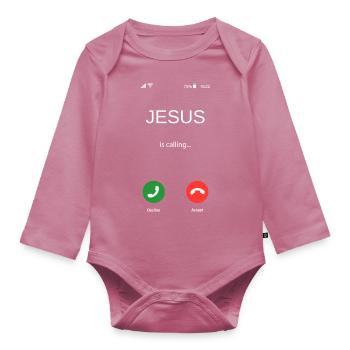 Jesus is Calling Phone Funny Gift - Organic Longsleeve Baby Bodysuit - mauve - Front