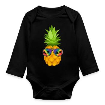 Blume Ananas mit Sonnenbrille Hawaii - Baby Bio-Langarm-Body - Schwarz - Vorne