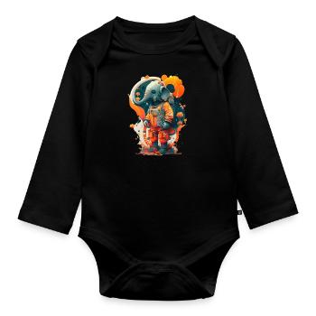 Elephant in firefighter suit / protective suit - Organic Longsleeve Baby Bodysuit - black - Front