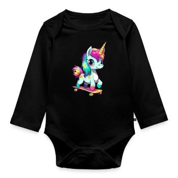 Unicorn on a skateboard - Organic Longsleeve Baby Bodysuit - black - Front