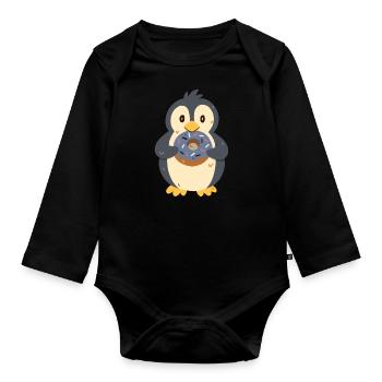 Penguin with donut - Organic Longsleeve Baby Bodysuit - black - Front
