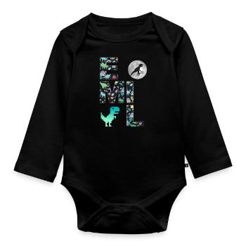 EMIL - Beautiful boy name with dinosaur - Organic Longsleeve Baby Bodysuit - black - Front