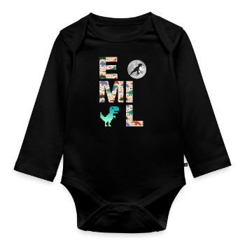 EMIL - Beautiful boy name with dinosaur - Organic Longsleeve Baby Bodysuit - black - Front
