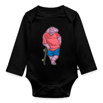 Hippopotamus Skater Skateboard - Organic Longsleeve Baby Bodysuit - black - Front