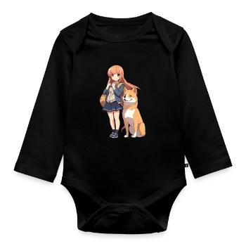Mädchen mit Haustier japanisch Hund Shiba Inu - Baby Bio-Langarm-Body - Schwarz - Vorne