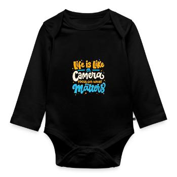 Life Is Like A Camera Fotografie Kamera - Baby Bio-Langarm-Body - Schwarz - Vorne