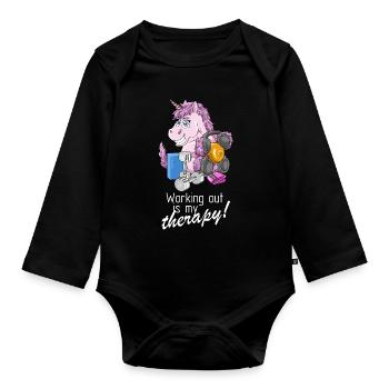 Strength training is my therapy funny unicorn - Organic Longsleeve Baby Bodysuit - black - Front