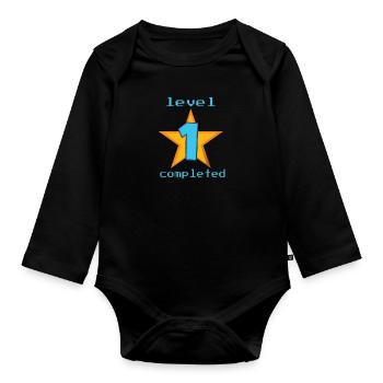 1. Level fertig - Überraschung zum Baby Geburtstag - Baby Bio-Langarm-Body - Schwarz - Vorne
