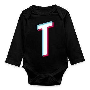 T - Buchstabe T - Baby Bio-Langarm-Body - Schwarz - Vorne