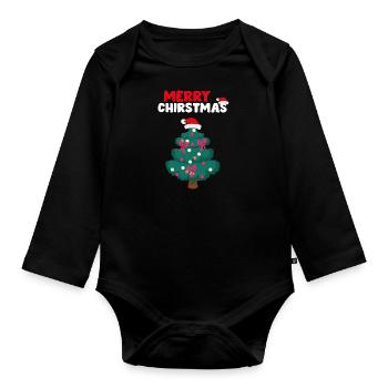Merry Christmas Logo mit buntem Weihnachtsbaum - Baby Bio-Langarm-Body - Schwarz - Vorne
