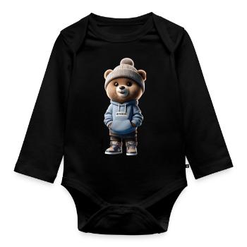 Baer mit Hoodie - Baby Bio-Langarm-Body - Schwarz - Vorne