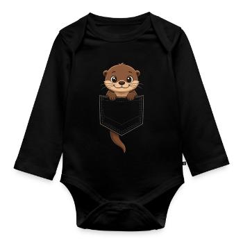 Cute otter peeking out of his pocket, - Organic Longsleeve Baby Bodysuit - black - Front