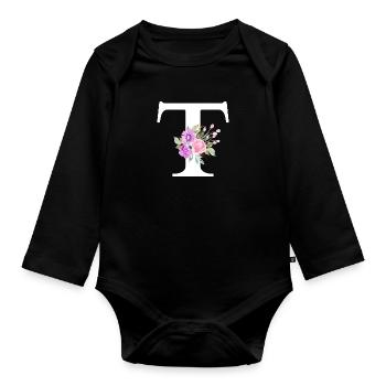 Purple Floral Letter T - Organic Longsleeve Baby Bodysuit - black - Front