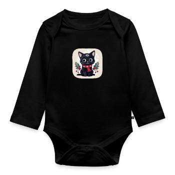 Cute black kitten with Christmas scarf - Organic Longsleeve Baby Bodysuit - black - Front