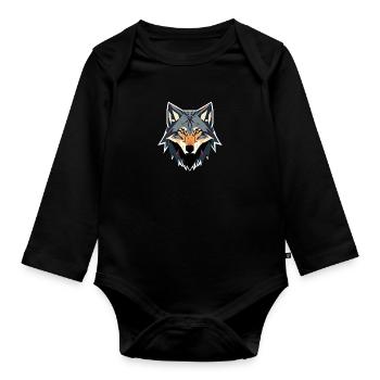 grey wolf face vector look geometric proud strong - Organic Longsleeve Baby Bodysuit - black - Front