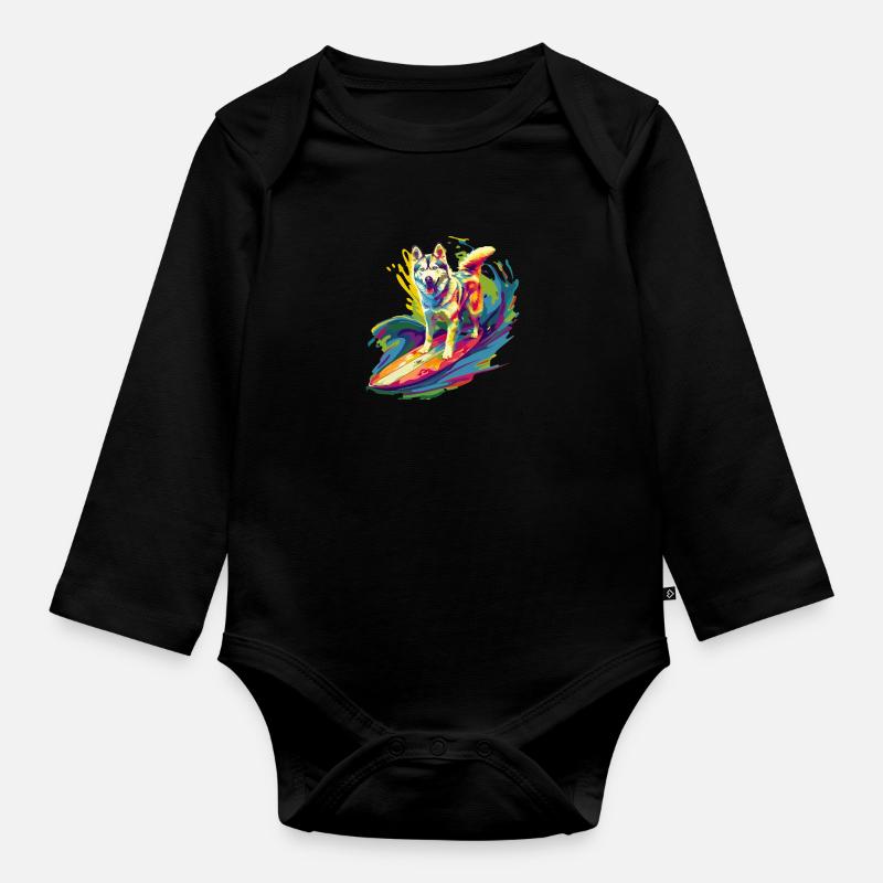 Surfender Husky - Baby Bio-Langarm-Body - Schwarz