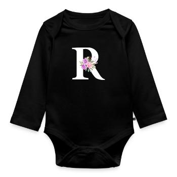 Lila Blumenbuchstabe R - Baby Bio-Langarm-Body - Schwarz - Vorne
