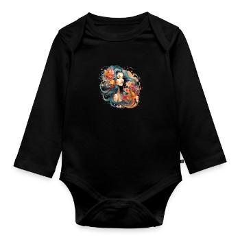 Femme décorée de fleurs et de grandes couleurs - Body Bébé bio manches longues - noir - Devant