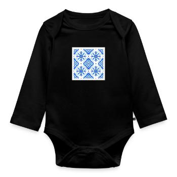 Blue Mediterranean Tile Watercolour Pattern - Organic Longsleeve Baby Bodysuit - black - Front