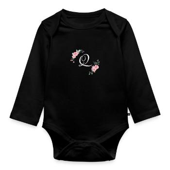 Pink floral letter q - Organic Longsleeve Baby Bodysuit - black - Front