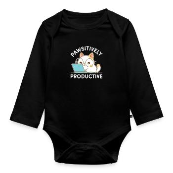 Pfotenproduktiv – Kawaii Cat bei der Arbeit - Baby Bio-Langarm-Body - Schwarz - Vorne