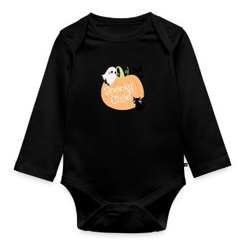 Spooky Child – Halloween Kürbis, Geist & Katze - Baby Bio-Langarm-Body - Schwarz - Vorne